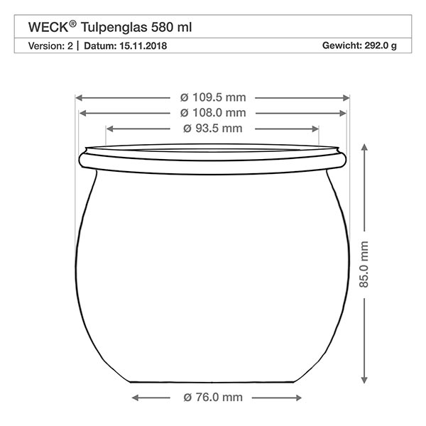 580ml WECK RR100 tulppaanipurkki, jossa on pyökkipuinen pallo. Tekninen piirustus WECK tulppaanipurkki 580ml RR100, jossa on mitat ja mitat puupallokanteen