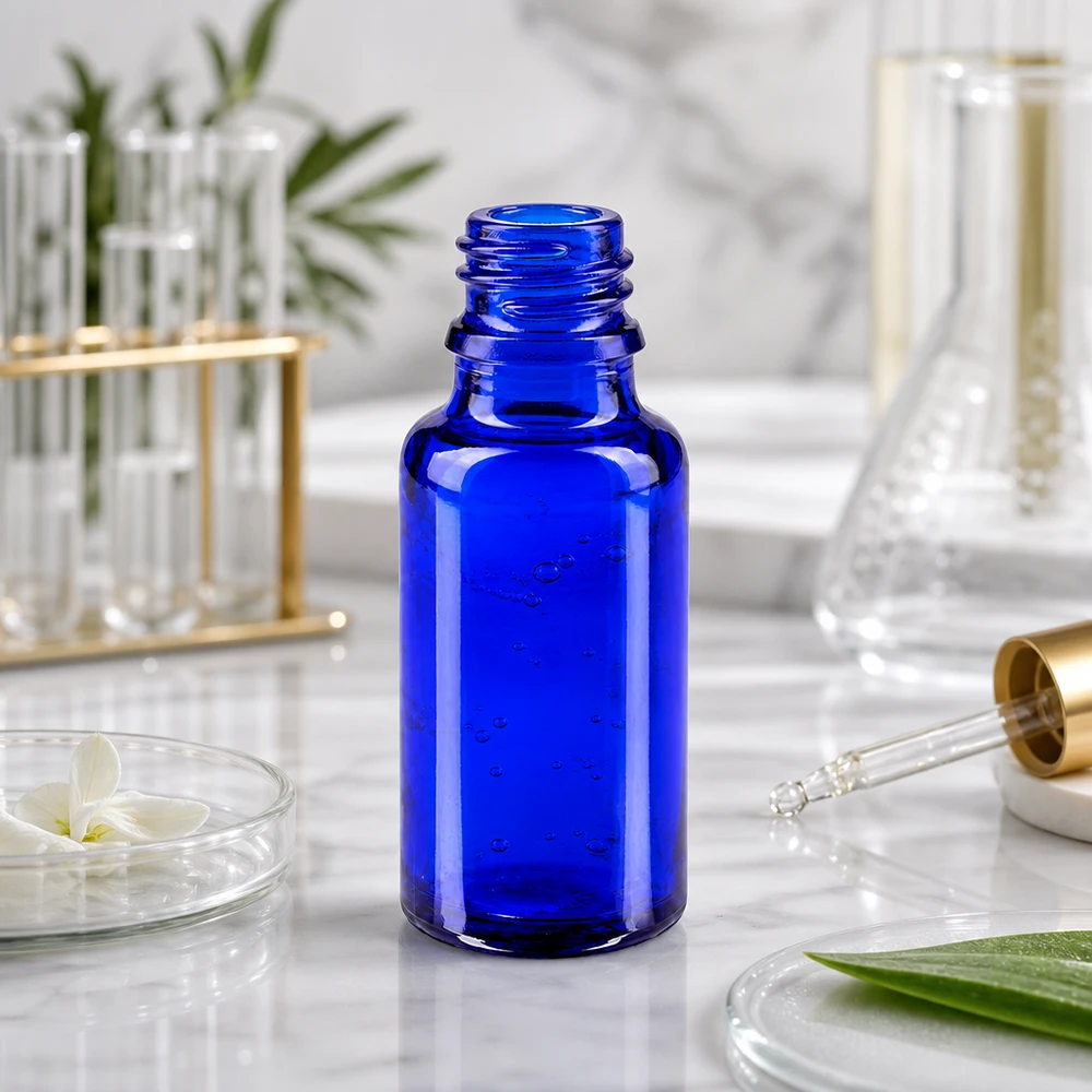 20ml ApoGlas-pullo tyylikkäässä sinisessä värissä, jossa on käytännöllinen tippakorkki tarkkaa annostelua varten.