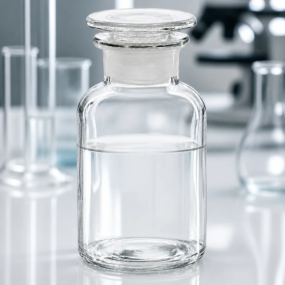 Borosilikaattilasinen leveäkaulainen pullo, 250 ml, hiotulla lasitulpalla, laboratoriopöydällä