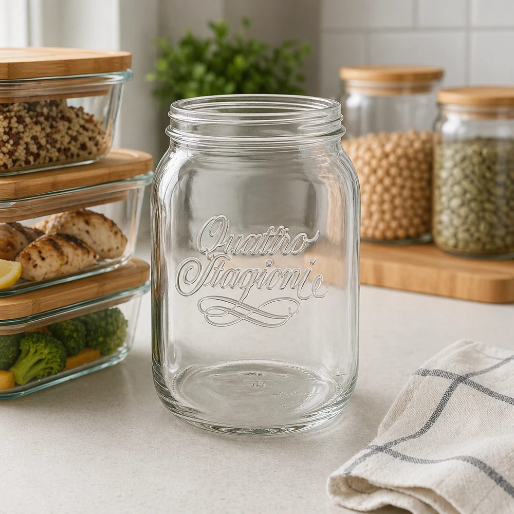 2000ml Quattro Stagioni Haushaltsglas mit Schriftzug in moderner Küche zwischen Vorratsgläsern und Küchenorganisation