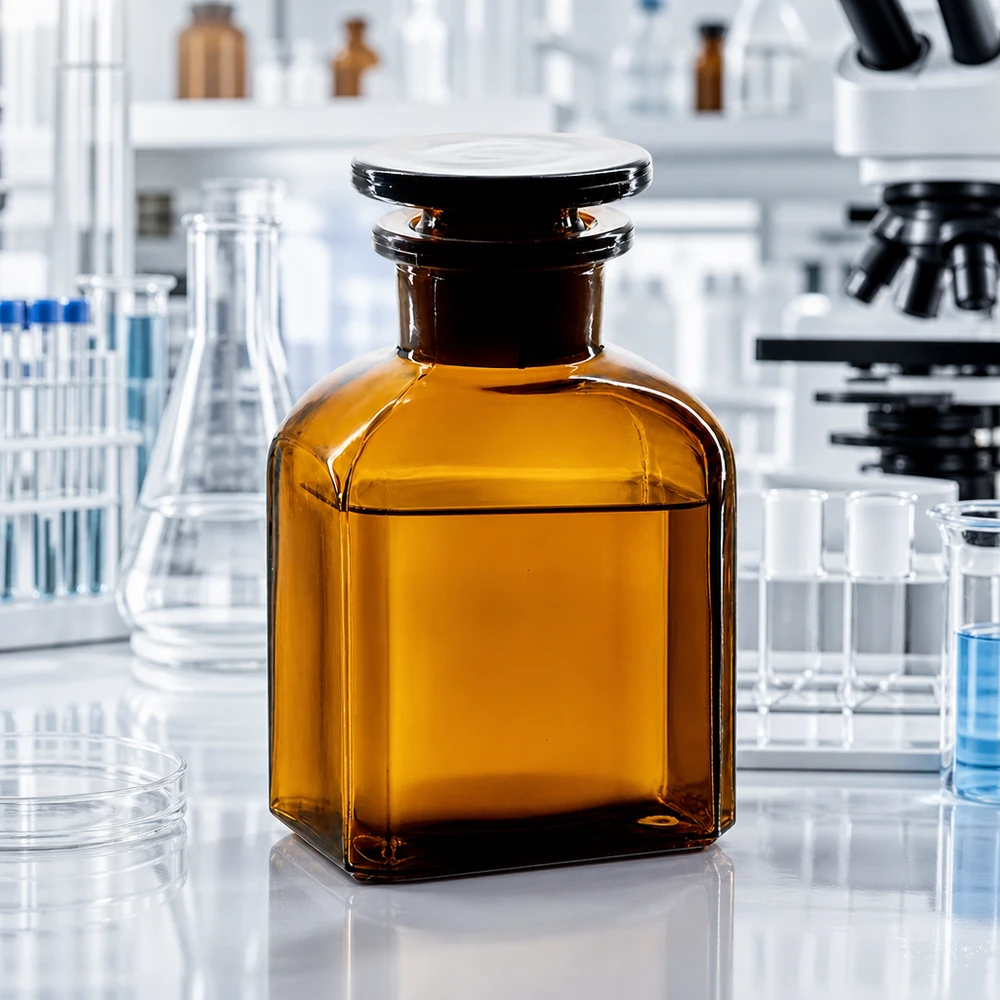 Ruskealasiinen neliömäinen pullo, 150 ml, leveäkaulainen, lasitulpalla, valkoisella laboratoriopöydällä mikroskoopin vieressä