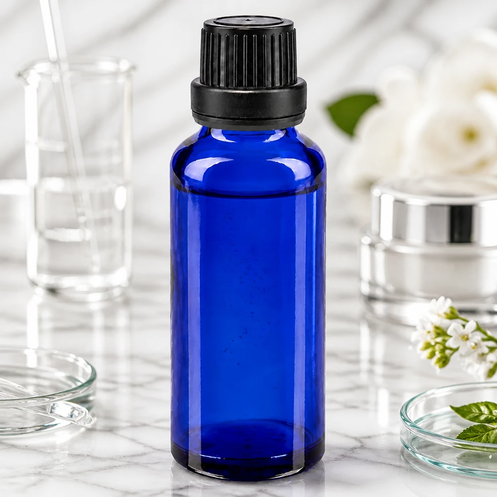 Apteekkipullo sininen 30ml ruuvikorkki musta sinetöivä sisus tamper evident sulkeminen Tummansininen 30 ml:n tiputuspullo apteekkilasista, jossa on lapsiturvallinen 11 mm:n kierrekorkki