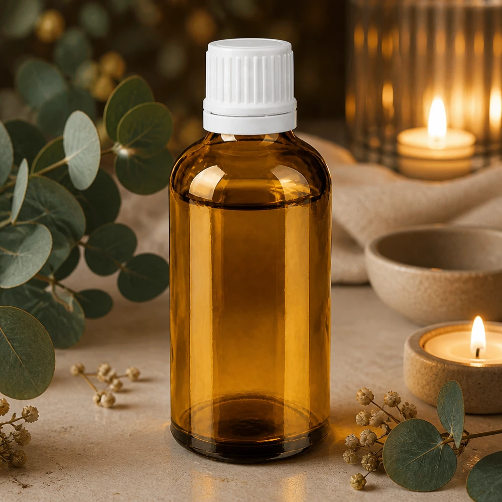Apteekkipullo ruskea 50ml ruuvikorkki valkoinen väärentämisen estävä sulkeminen. 50 ml:n apteekkipullo, ruskeaa lasia, valkoinen korkki, 11 mm:n tiputusosa, aromaterapia