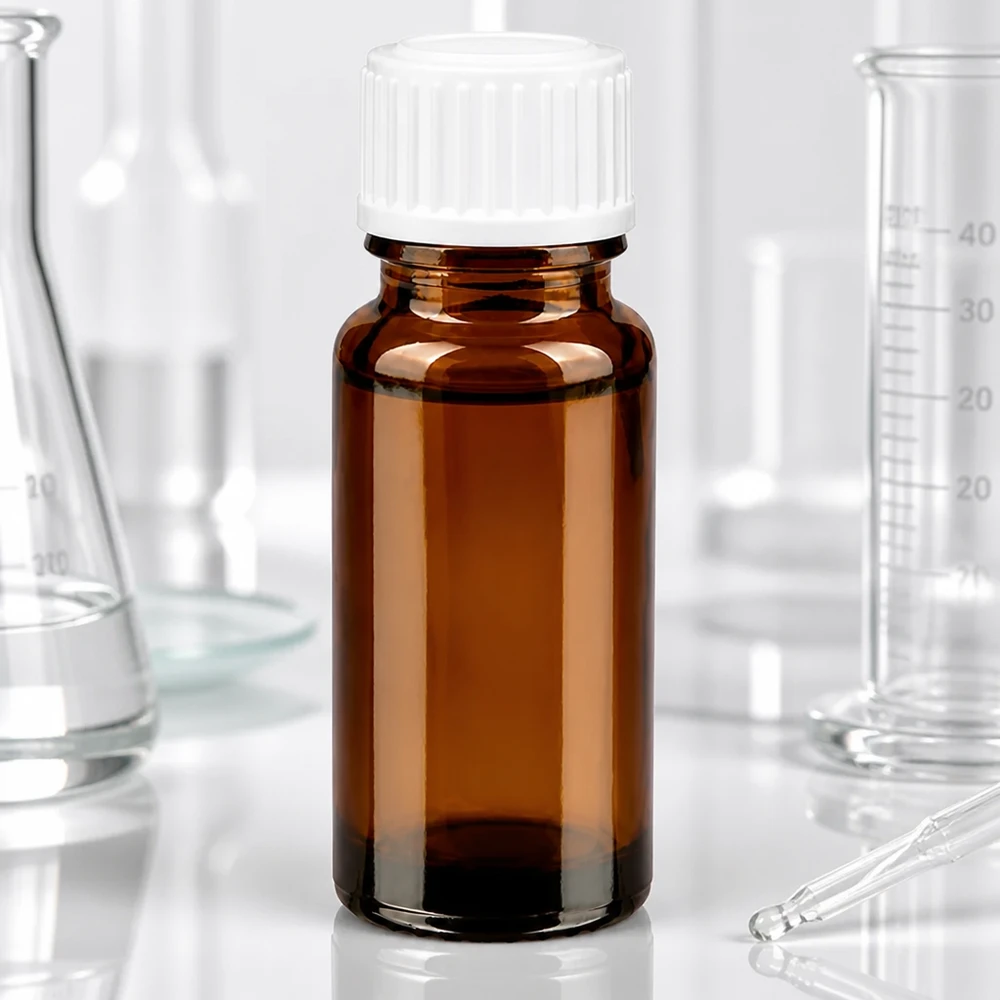 Apteekkipullo ruskea 10ml tippapullo korkki valkoinen 0.8mm vakio Ruskea 10 ml:n lasipullo, jossa on valkoinen lapsiturvallinen korkki, laboratoriossa
