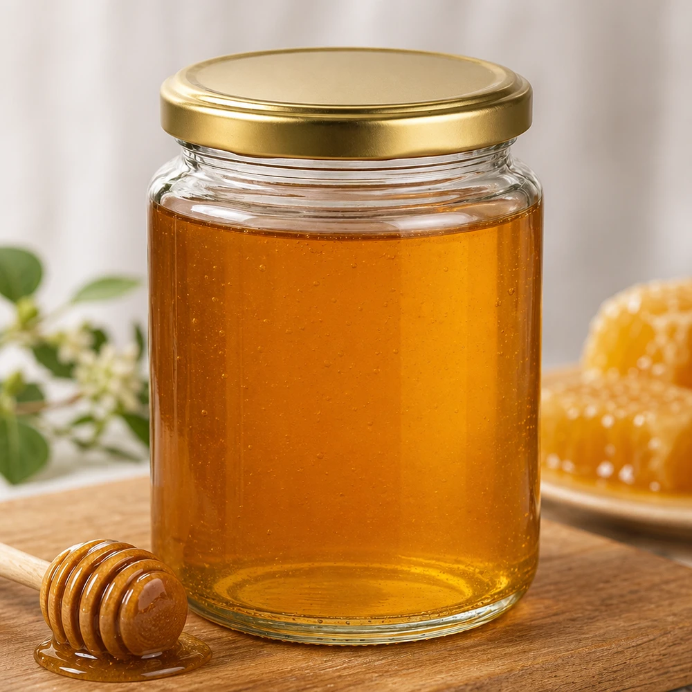 450g BasicSeal hunajapurkki kultaisella kannella, joka on täytetty nestemäisellä hunajalla Puinen hunajalusikka Hunajakenno Mehiläishoito Luonnontuote