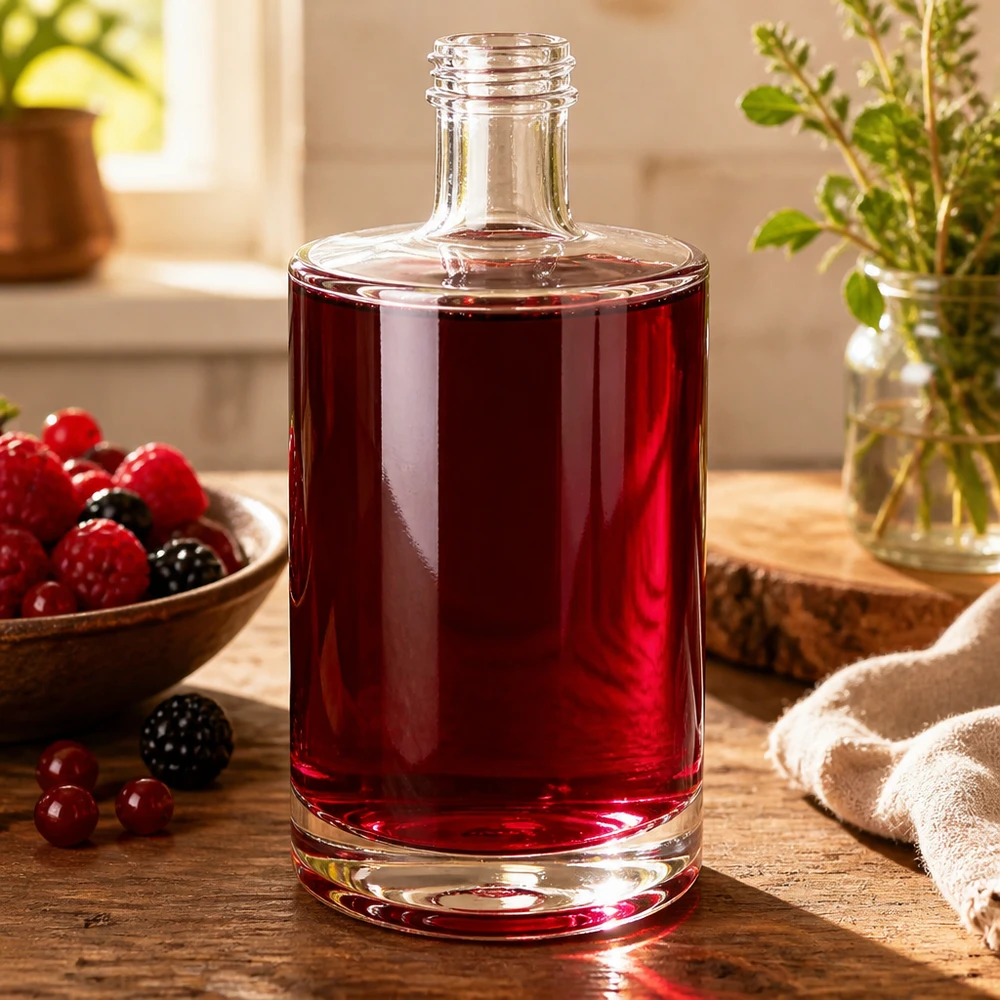 500ml Glasflasche "Sam" ohne Schraubverschluss UNiTWIST 500ml lasipullo Sam täynnä punaista marjamehua koristelu puinen pöytä marjat yrtit luonnollinen tunnelma