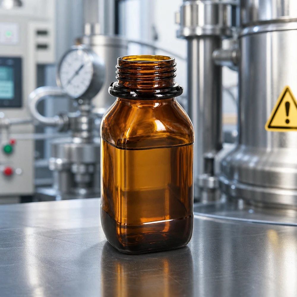 250ml kemikaalipullo Kemikaalipullo 250ml meripihkanväristä borosilikaattilasia ammattimaiseen laboratoriokäyttöön.
