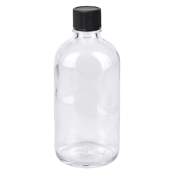 100ml tippapullo fl. 1mm musta vakiokorkki ClearLine UT18/100 Kirkas lasipullo 100 ml, musta kierrekorkki, ClearLine-tiputuspullo UT18