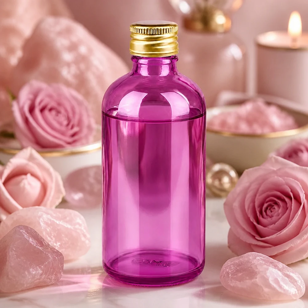 100ml pullo 11mm kierrekorkki alumiininen kultainen standardi PurpleLine. UT18/100 Kompakti 100ml apteekkipullo violetista lasista, jossa on ammattimainen alumiinikorkki.