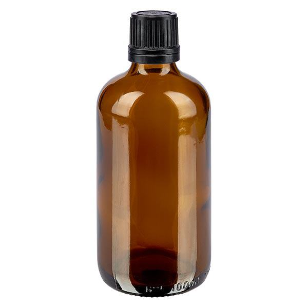 Apteekkipullo ruskea 100ml ruuvikorkki musta valurengas sinetöityä sulkemista varten