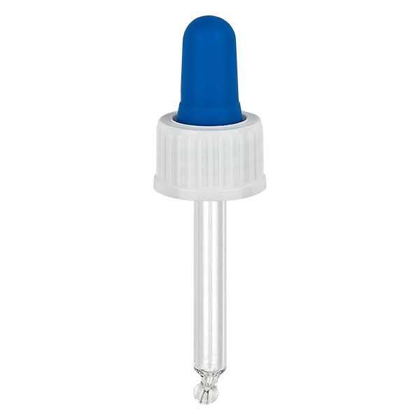 Lasinen tippapipetti valkoinen/sininen 18mm PL44 vakio Lasinen tippapipetti valkoinen/sininen 18mm PL44 vakio