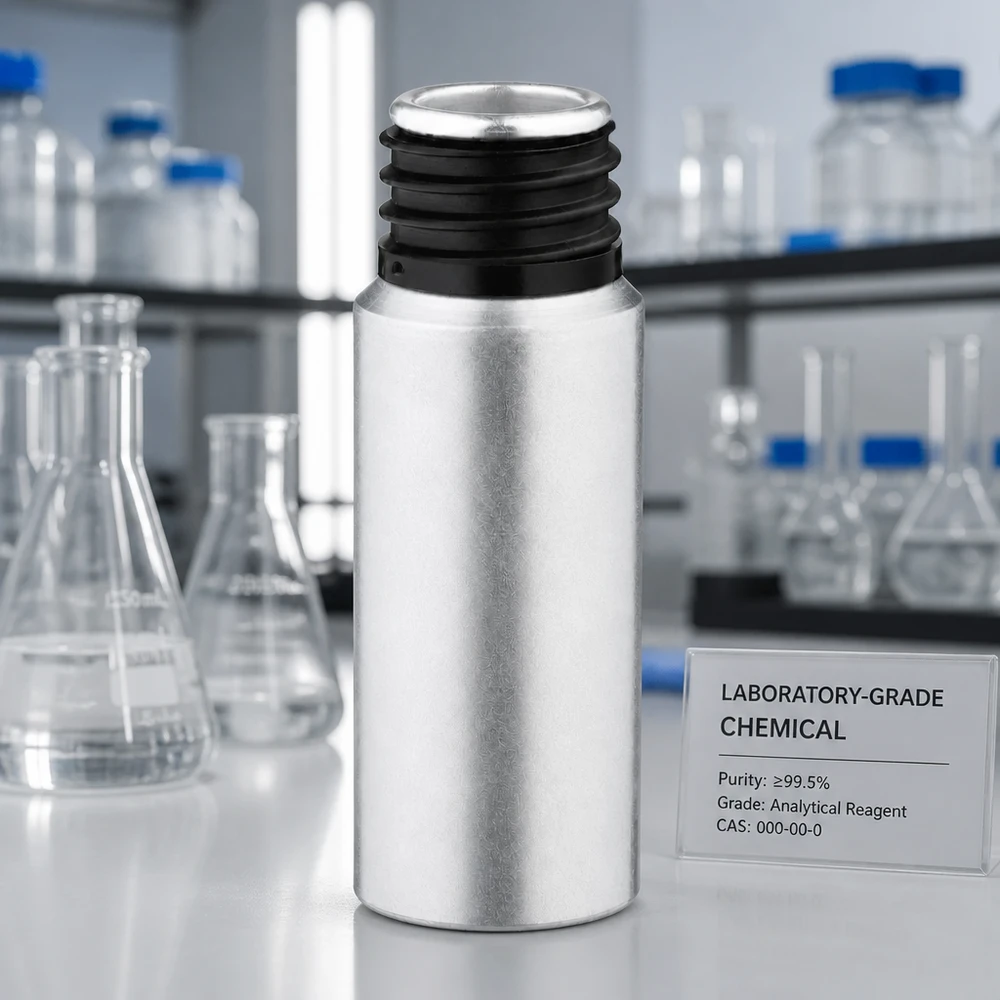20ml peitattu alumiinipullo Laboratoriolaatuinen 20 ml:n peitattu alumiinipullo, jossa on musta korkki analyyttisille reagensseille.