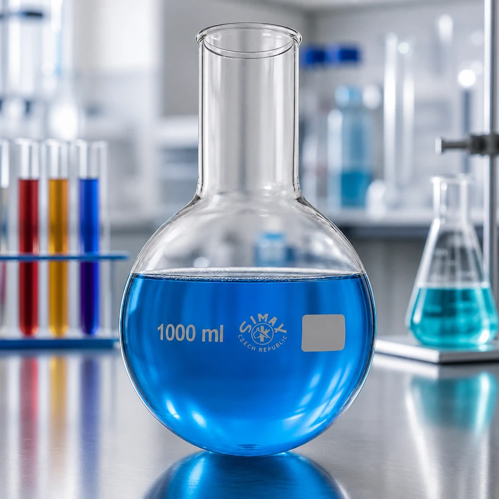 Pyöreäpohjainen pullo 1000ml leveä kaula 1000 ml:n pyöreäpohjainen pullo, jossa on leveä kaula, joka helpottaa täyttämistä ja puhdistamista kemian laboratoriossa.