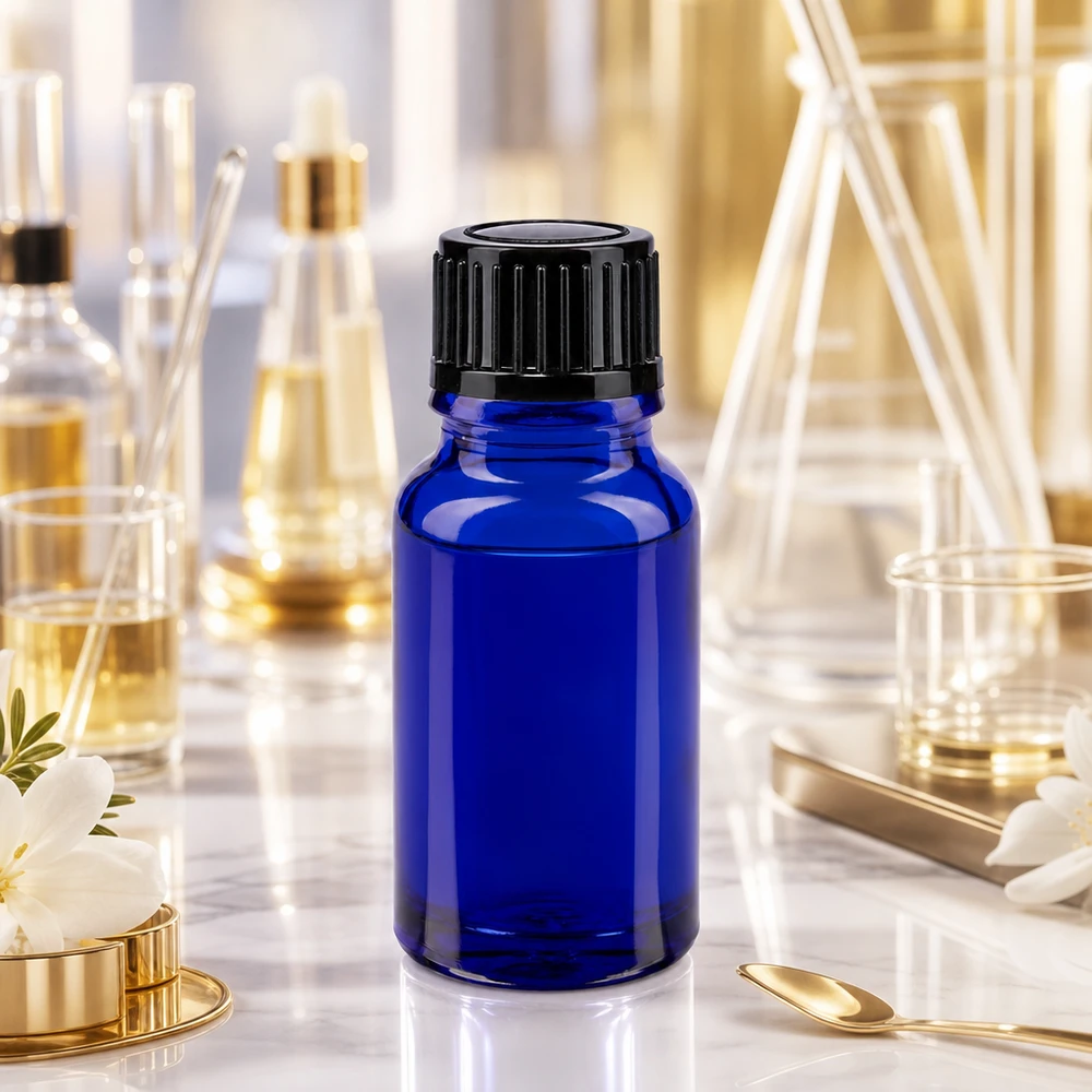 Apteekkipullo sininen 10ml tippapullo korkki 1mm musta vakio Sininen 10 ml:n lääkelasipullo, jossa on 1 mm:n tarkkuudella toimiva tiputin ja lapsiturvallinen korkki