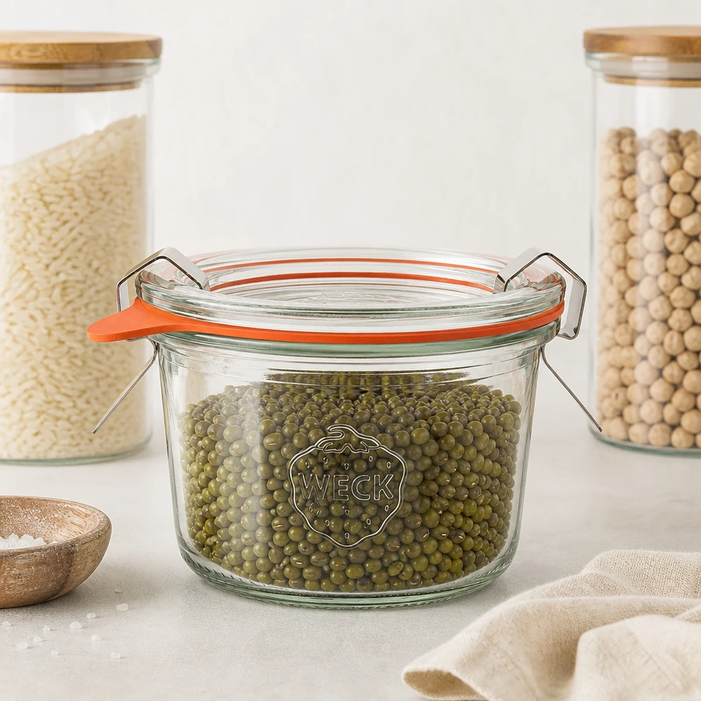 80 ml:n tumppupurkki täydellisenä WECK RR60 WECK 80ml RR60 tumblers vihreiden mungopapujen kanssa modernissa varastointikeittiössä osoittaa ilmatiiviin palkokasvien säilytyksen.
