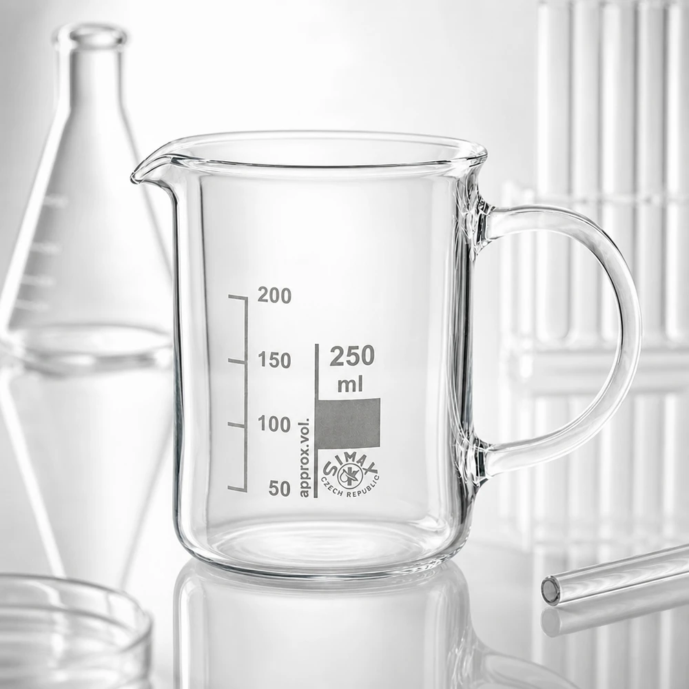 Juomalasi 250ml borosilikaattilasi, kahvalla varustettuna 250 ml:n borosilikaattilasinen mitta-astia, jossa on kahva ja asteikko; koko on Erlenmeyer-pullon ja koeputkien välissä