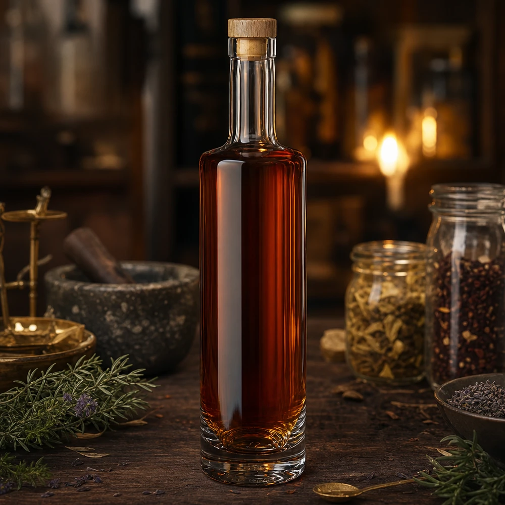 500ml Glasflasche "Lina" mit Holzgriff-Korken UNiTWIST 500ml Glasflasche Lina mit bernsteinfarbener Flüssigkeit und Holzkorken in rustikaler Küche mit Gewürzen und Kräutern