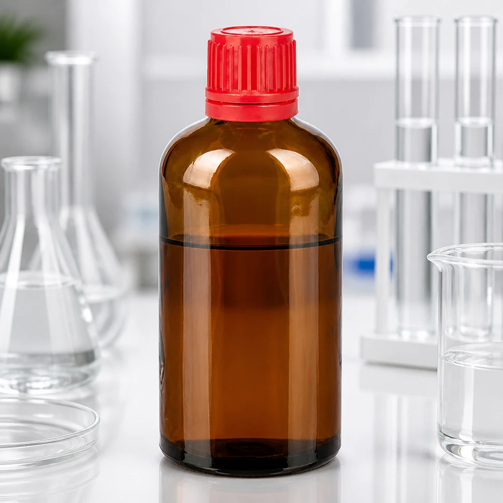UV-suojattu meripihkanvärinen lasipullo 100ml punaisella korkilla valolle herkille aineille.