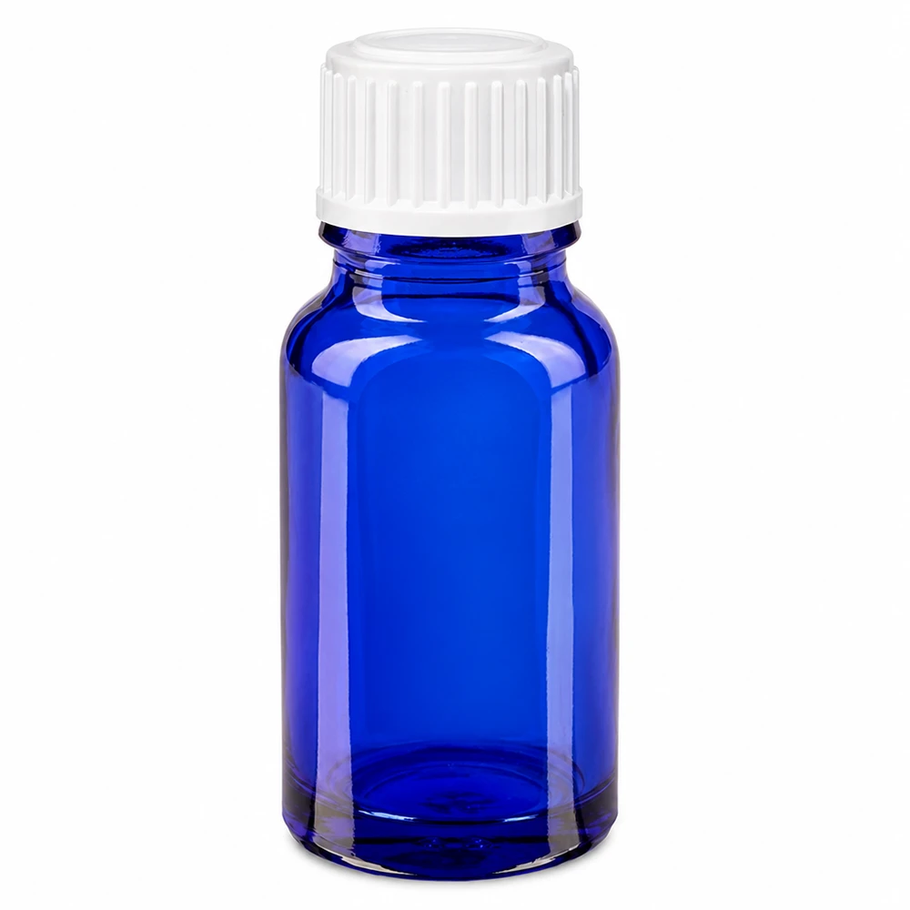 Apteekkipullo sininen 10ml ruuvikorkki valkoinen globen standardi 10 ml:n sininen lasipullo, jossa on valkoinen kierrekorkki, apteekeille ja farmakologian alalle