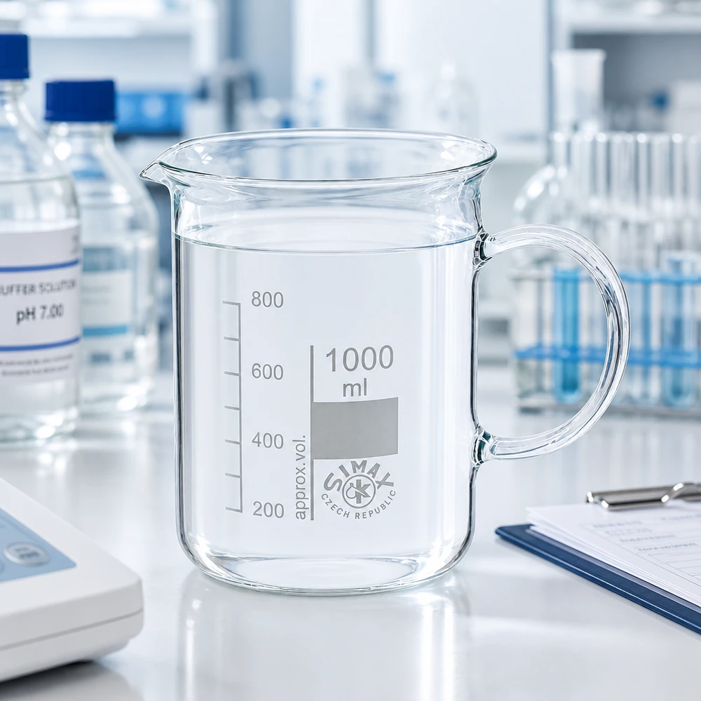 Juomalasi 1000ml borosilikaattilasi, kahvalla varustettuna 1000 ml:n sylinterimäinen laboratoriomuki, jossa on kahva, valkoisella laboratoriotyötasolla puskuriliuoksen vieressä