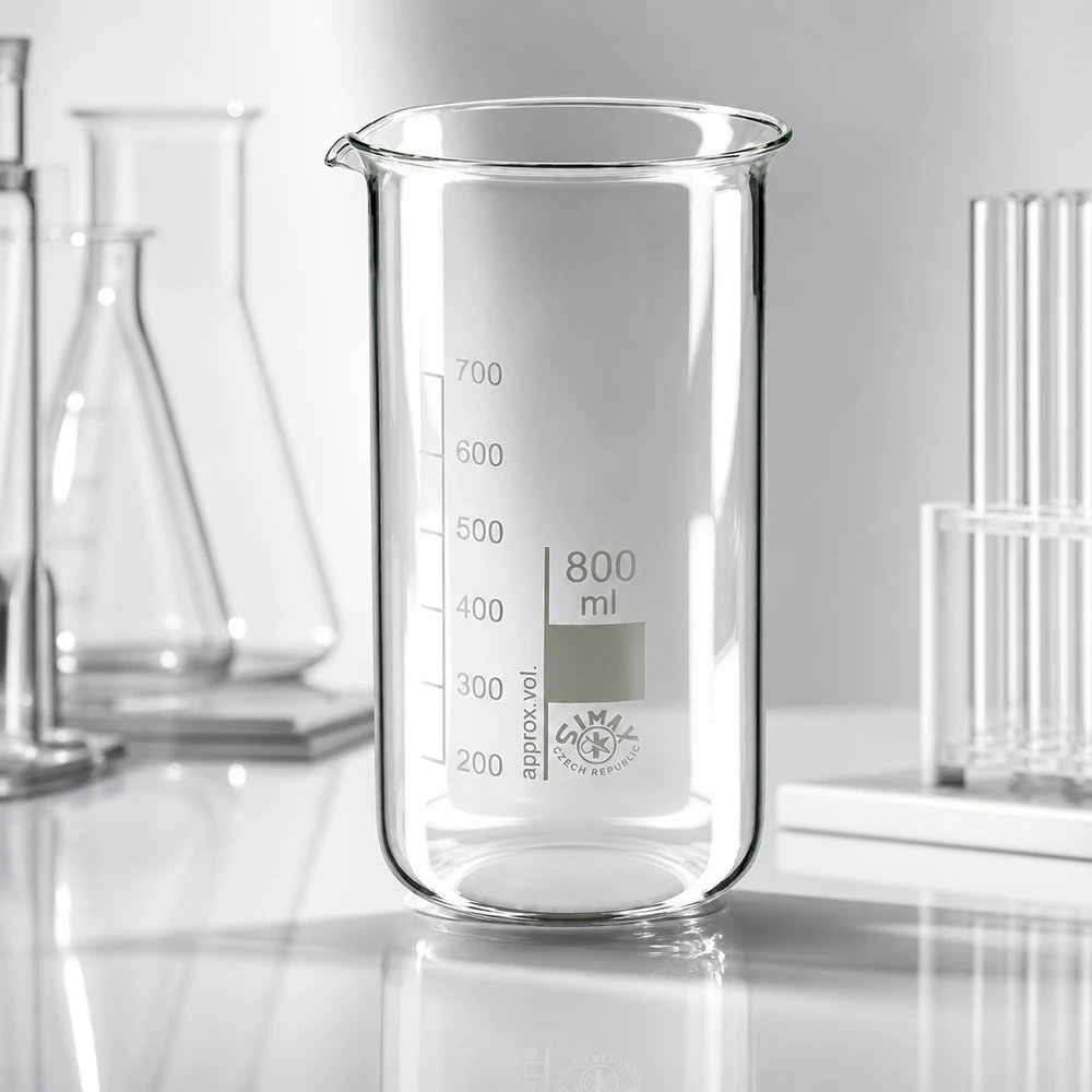 SIMAXin lämmönkestävästä borosilikaattilasista valmistettu läpinäkyvä laboratoriomuki, 800 ml, korkea malli