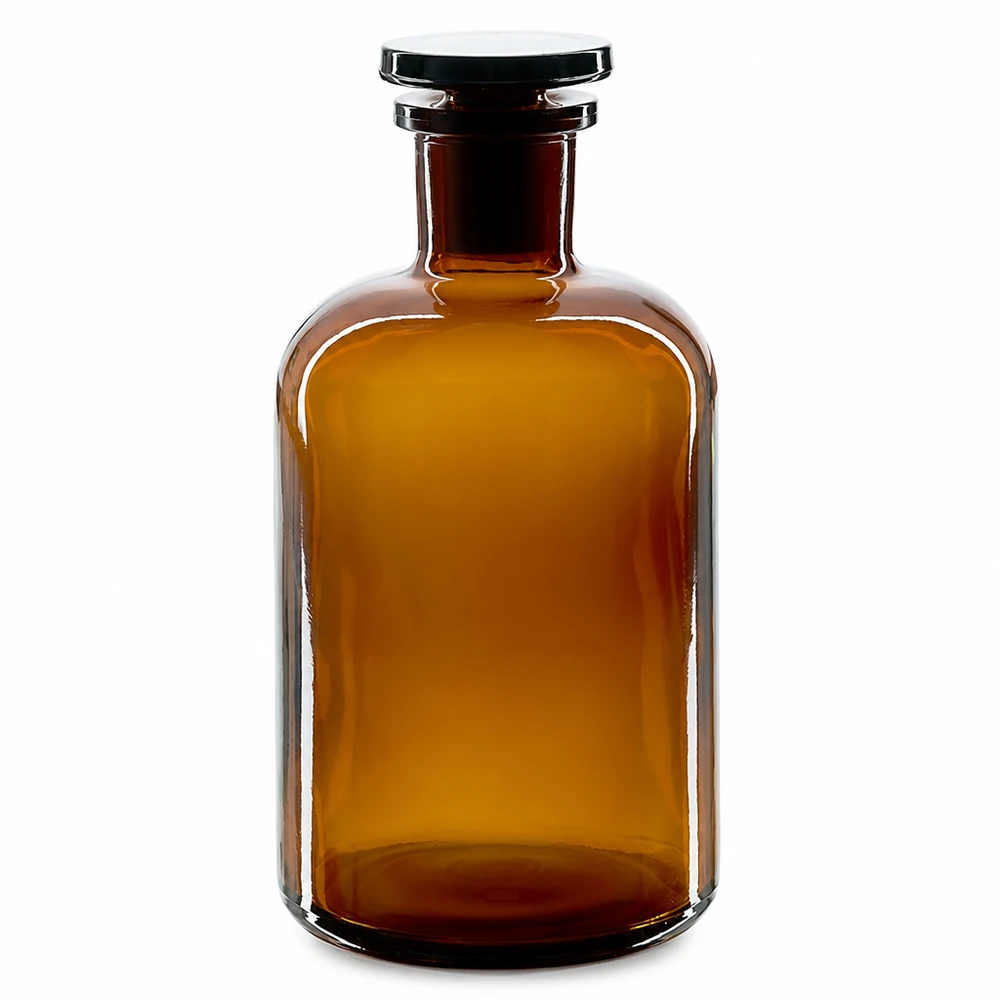 Ruskea, pyöreäolkapäinen pullo, 500 ml, lasitulpalla, kapeakaulainen, laboratoriokäyttöön