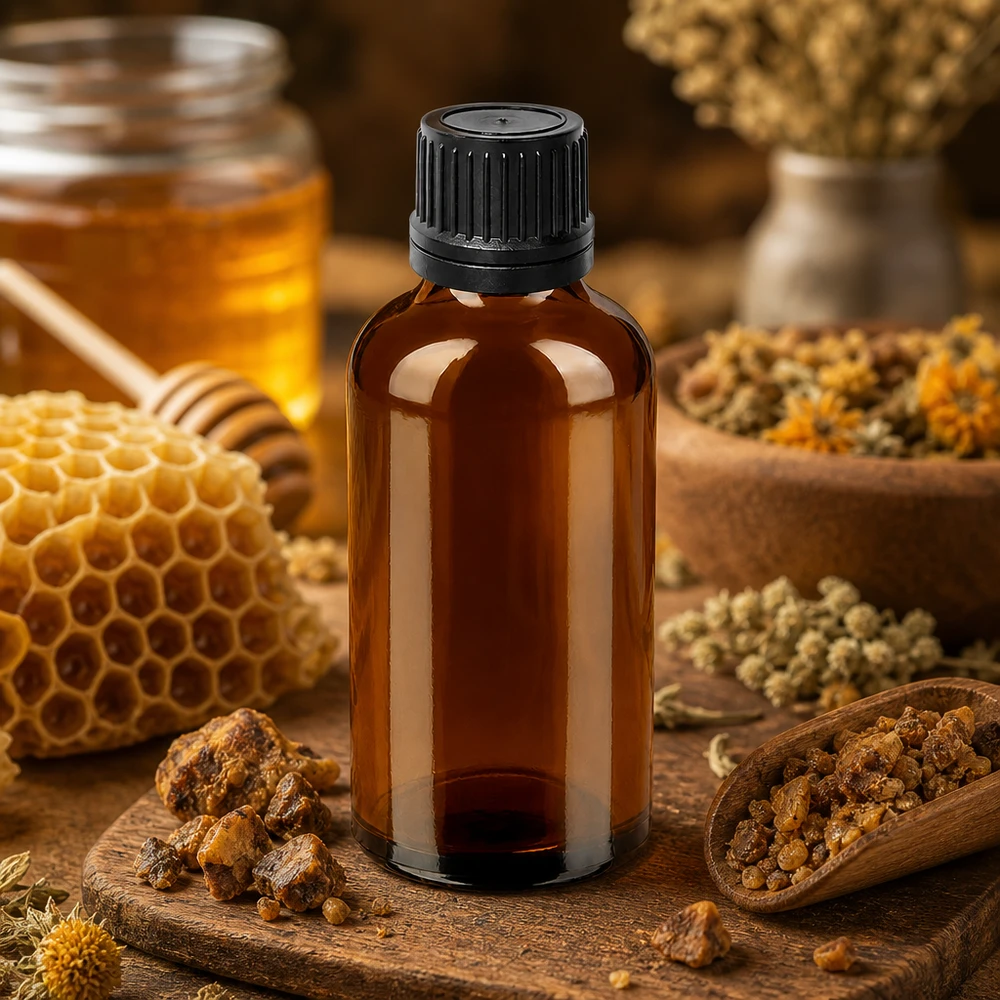 Laadukas 50ml apteekkipullo ruskeasta UV-suojalasista, jossa on musta korkki luonnontuotteille.