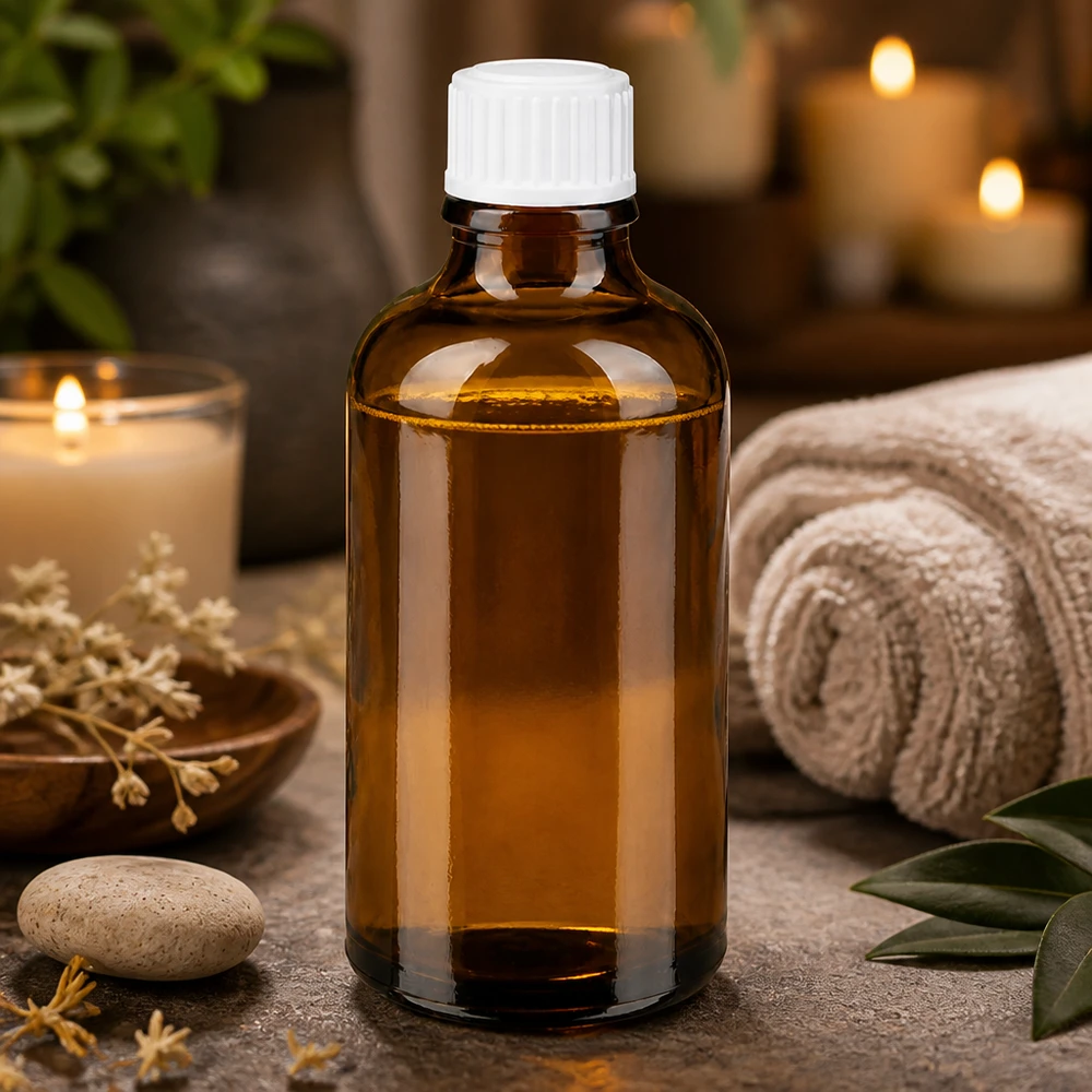 Apteekkipullo ruskea 50ml kierrekorkki valkoinen standardi Pieni ruskea lasipullo (50 ml), jossa on valkoinen korkki, ja sen ympärillä on hyvinvointituotteita ja kynttilöitä