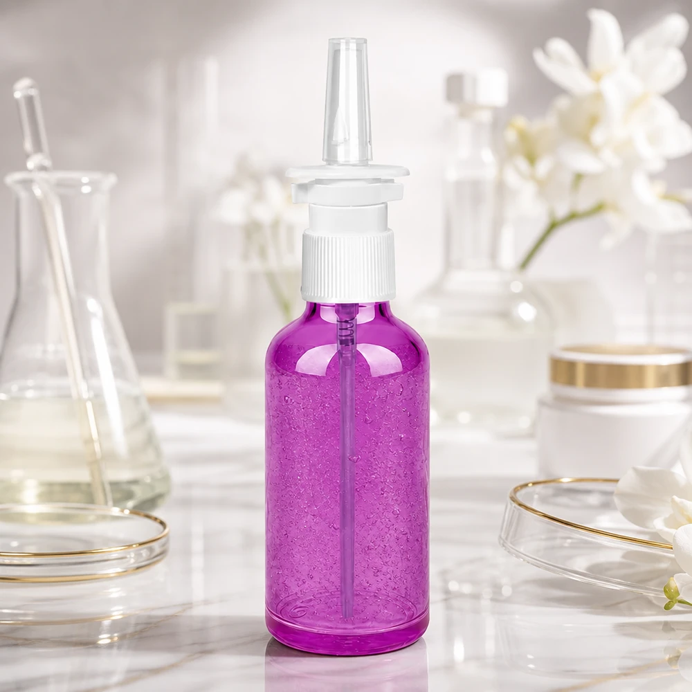 Premium 50ml nenäsumutepullo ergonomisella muotoilulla violetissa värissä miellyttävää käsittelyä varten.