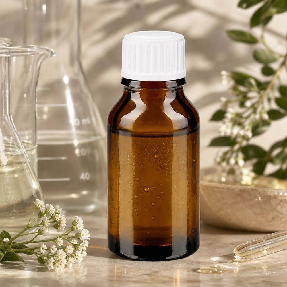 Apteekkipullo ruskea 30ml kierrekorkki valkoinen standardi Keltainen 30 ml:n apteekkipullo, jossa on valkoinen korkki ja jota ympäröivät lääkekasvit ja laboratoriovälineet