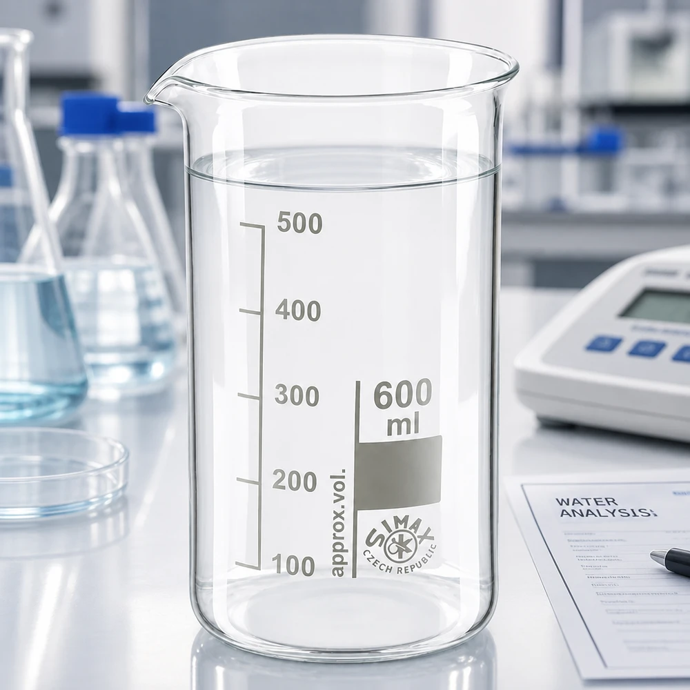 600 ml borosilikaattilasi, korkea muotoinen juomalasi Simax-mitta-astia, 600 ml, korkea malli, borosilikaattilasia, jossa on puhdasta vettä valkoisella laboratoriopöydällä