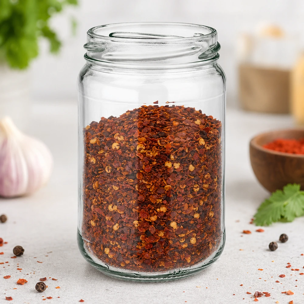 305ml pyöreä purkki ilman kantta (TO63) UNiTWIST UNiTWIST Runda305 pyöreä purkki 305ml TO63 täynnä chilihiutaleita keittiön työtasolla mausteiden kanssa