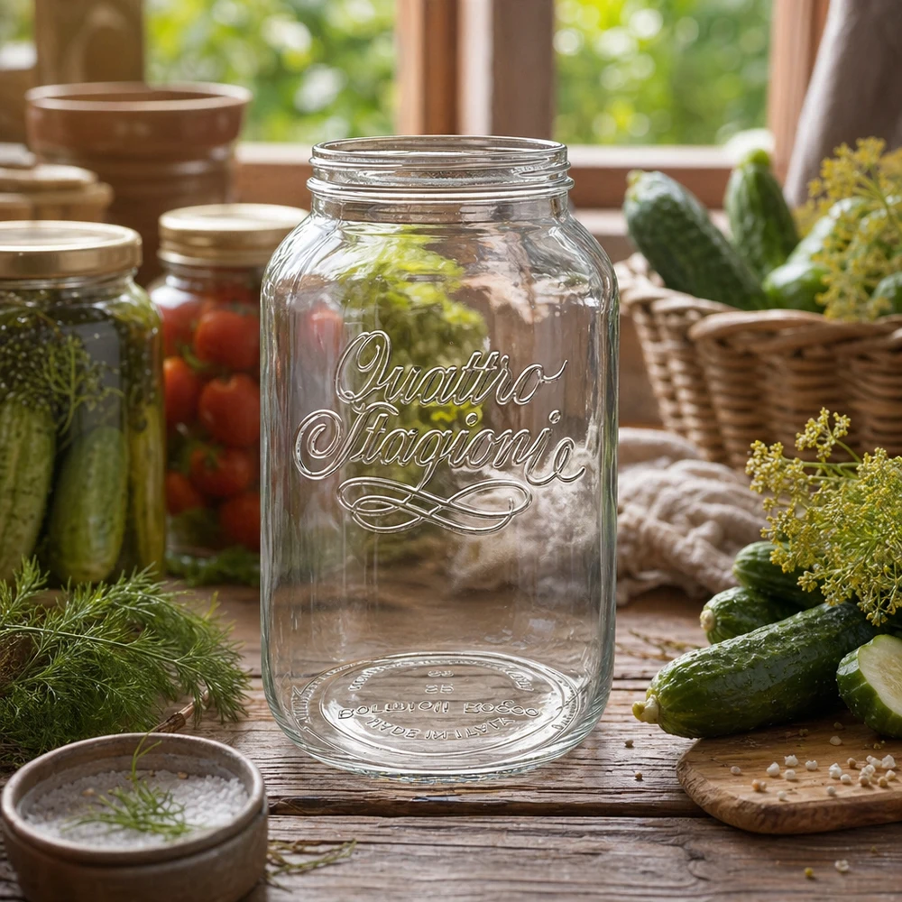 3800ml pyöreä purkki "Quattro Stagioni" QS110mm. 3800ml Quattro Stagioni -säilykepurkki tyhjänä puupöydällä, jossa on kurkkuja ja tilliä säilöntään ja säilykkeeksi laittamiseen.