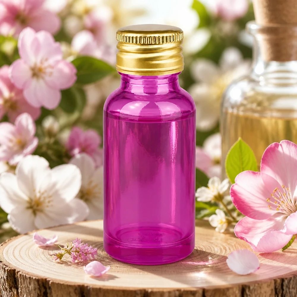 Tyylikäs 20ml violetti lasipullo, jossa on 11mm vakiokierre ja kullanvärinen korkki.