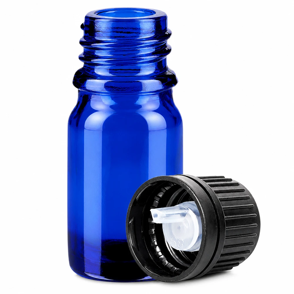 Sininen lasipullo 5ml, jossa on 1mm tippaeriste pienten nestemäärien tarkkaa annostelua varten.