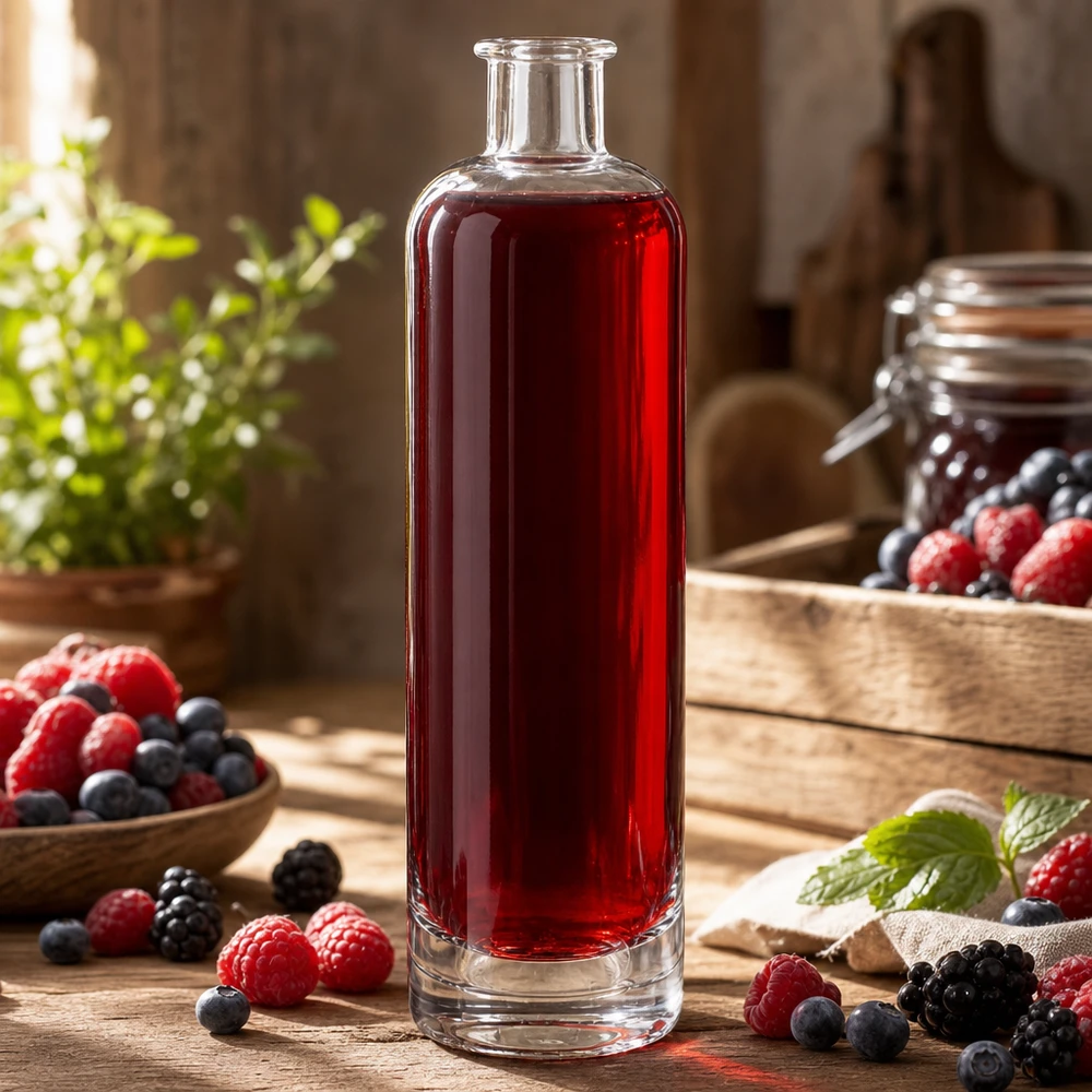 500ml Glasflasche "Ella" ohne Verschluss UNiTWIST 500 ml:n lasipullo Ella UNiTWISTia, joka on täytetty punaisella marjamehulla, jota ympäröivät tuoreet vadelmat ja mustikat.