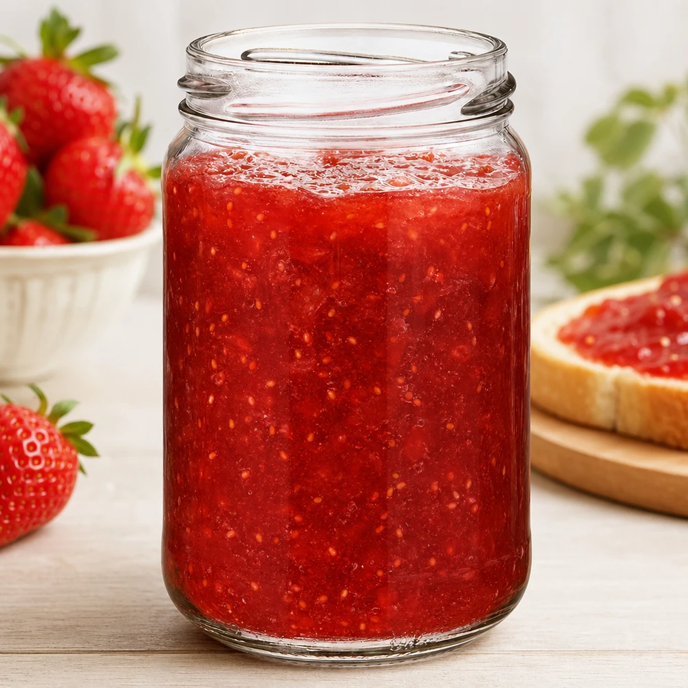 305ml pyöreä purkki ilman kantta (TO63) UNiTWIST UNiTWIST Runda305 pyöreä purkki 305ml TO63 täynnä punaista mansikkahilloa, säilöntäpurkki hilloille ja levitteille.