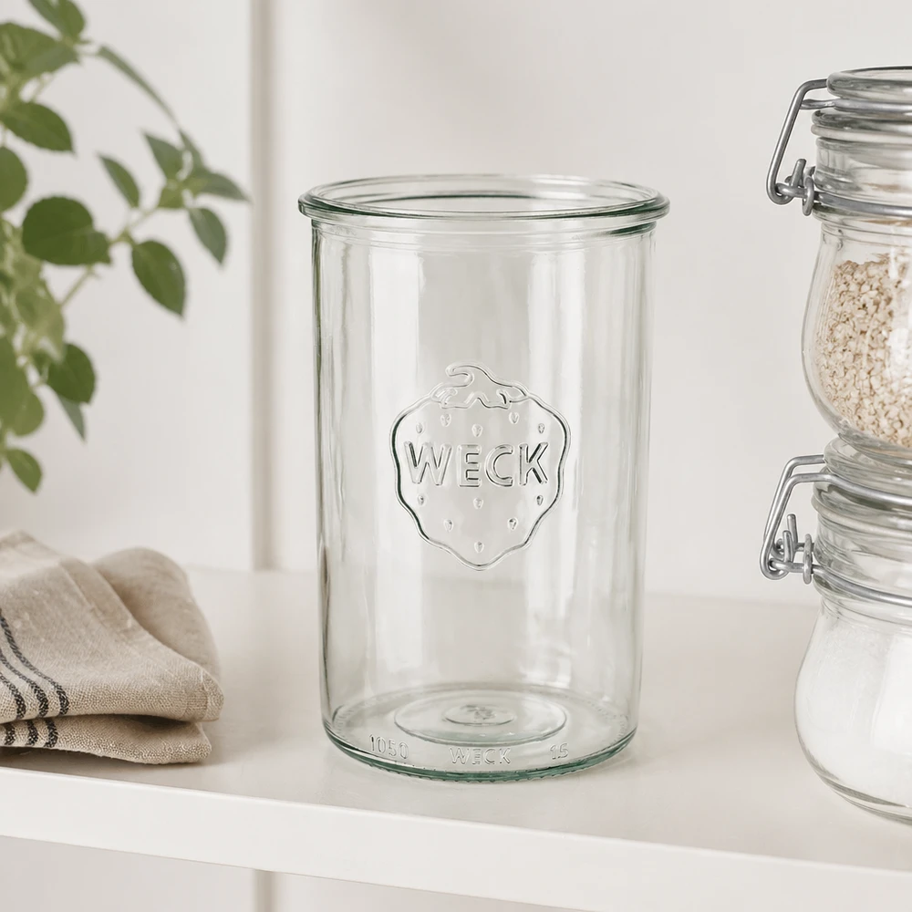 WECK 1000ml RR100 muuripurkki kirkkaasta lasista, jossa on WECK-logo säilyttämiseen ja varastointiin keittiössä.