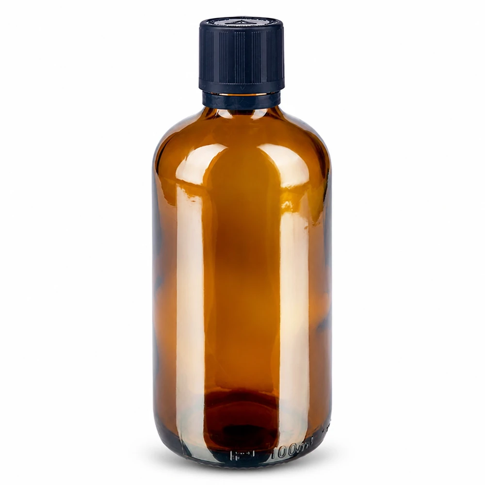 100 ml:n ruskealasi pullo, jossa on musta tippakorkki ja lapsiturvallinen suljin, apteekkitarvikkeisiin