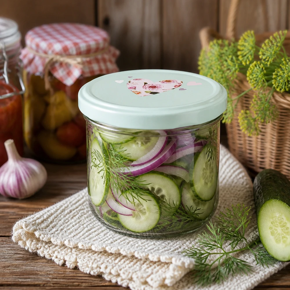 Säilytyspurkit 260ml BasicSeal-kannella kurkkujen, tillien ja sipulien marinointiin, jotka on järjestetty rustiikkiseen keittiötyyliin.