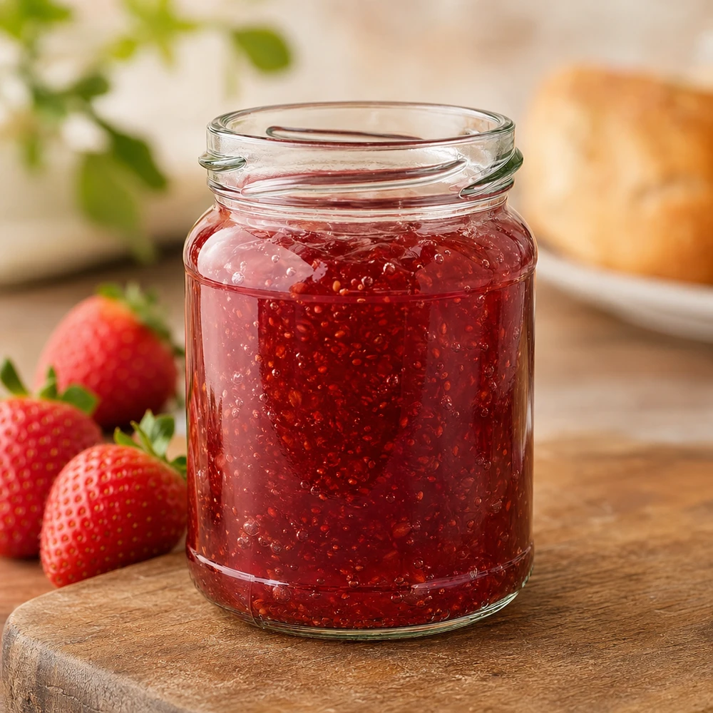 205ml pyöreä purkki ilman kantta (TO58) UNiTWIST UNiTWIST UNiTWIST Runda205 pyöreä lasi 205ml TO58 täynnä punaista mansikkahilloa tuoreiden mansikoiden vieressä puulautasella.