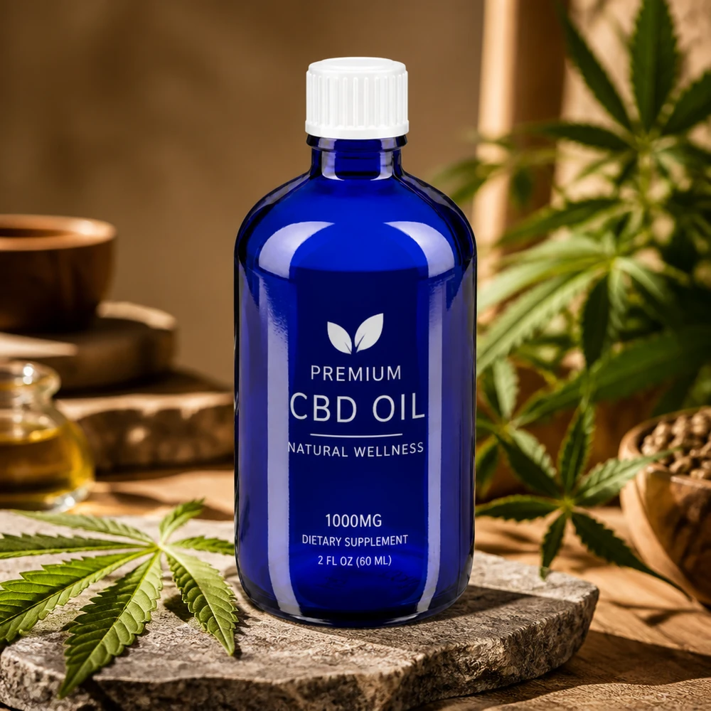 100 ml:n lääketieteellinen sininen lasipullo, jossa on lapsiturvallinen valkoinen korkki, CBD-öljytuotteille