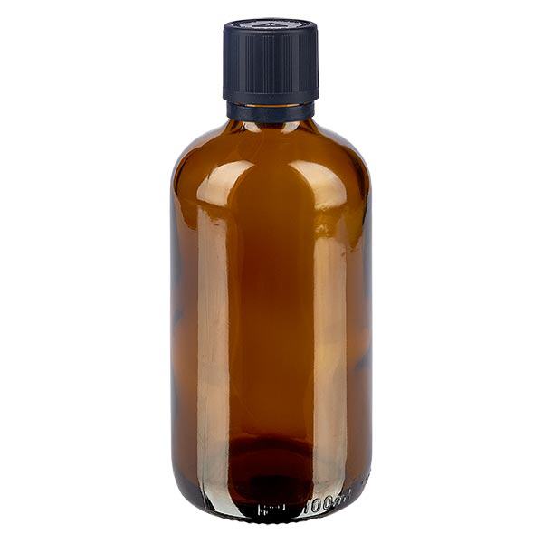 Apteekkipullo ruskea 100ml tiputuskorkki Premium 1mm musta Lapsiturvallinen peukaloinnin estävä suljin, jossa on peukaloinnin estävä symboli.