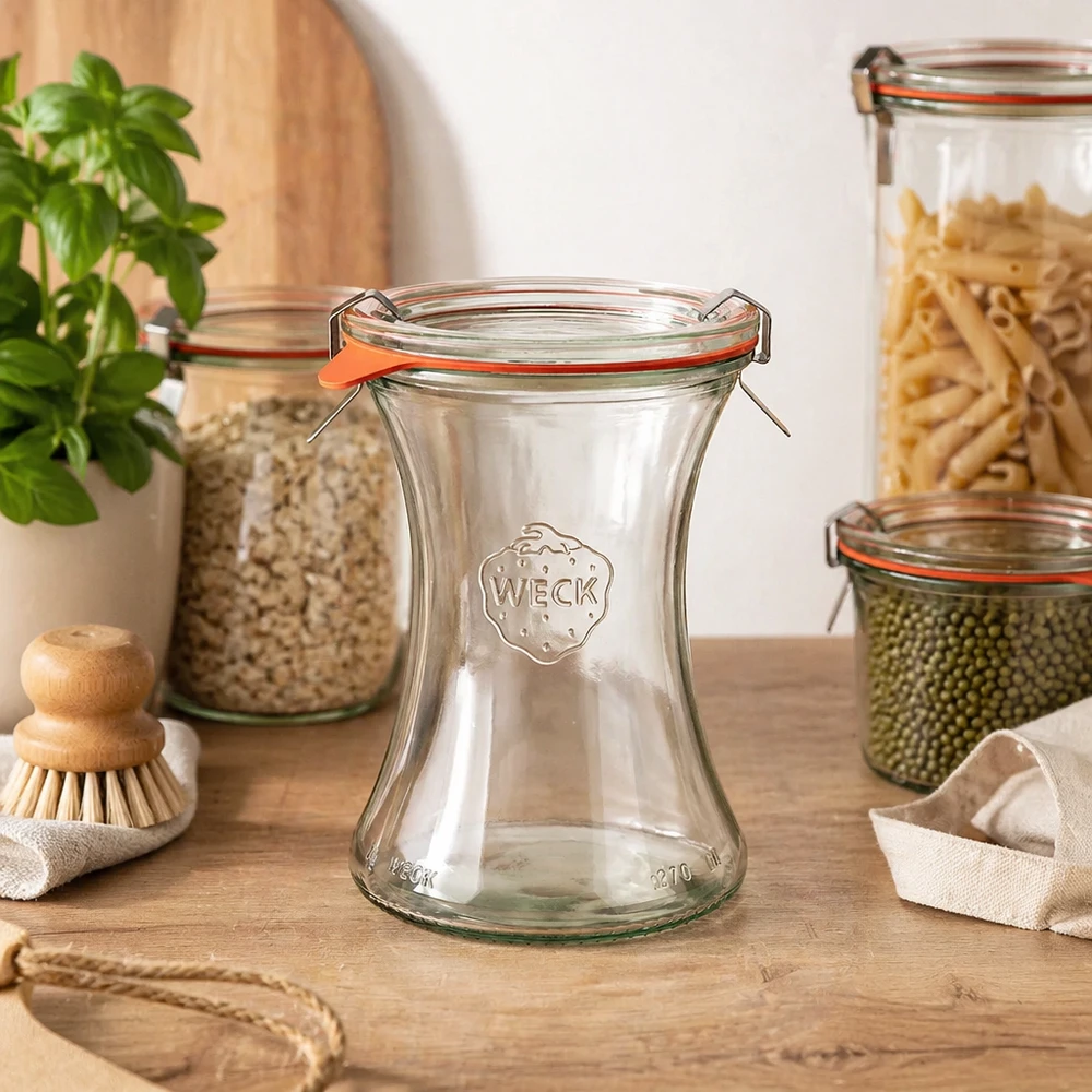 370 ml:n WECK RR80 -herkkupurkki, täydellinen WECK herkkupurkki 370ml RR80 varastointi keittiössä välillä täytetty säilöntäpurkkeja pasta linssit basilika kasvi