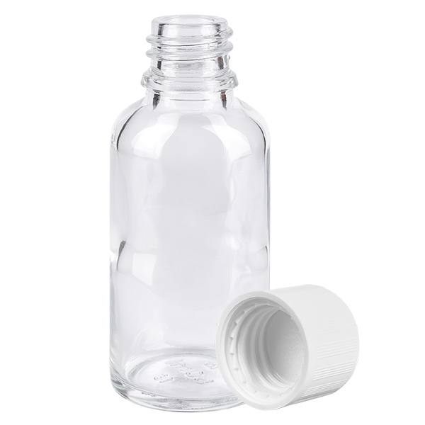 30ml pullo 11mm ruuvikorkki valkoinen vakio peukaloinninesto ClearLine UT18/30 30ml pullo 11mm ruuvikorkki valkoinen vakio peukaloinninesto ClearLine UT18/30