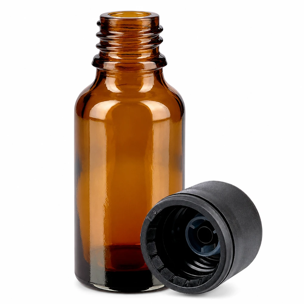 Pieni 20ml meripihkanvärinen lasipullo, jossa on kierrekorkki aromaterapiaan ja luonnonkosmetiikkaan.