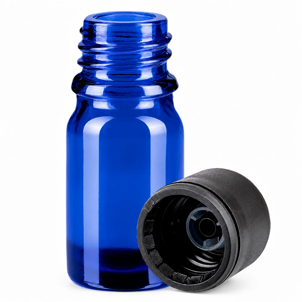 5ml pullo 6mm kierrekorkki musta Standard BlueLine UT18/5 Standard BlueLine UT18/5 Sininen 5ml lasipullo, jossa on kierrekorkki kosmetiikkaan ja apteekkialan ammattilaisille.