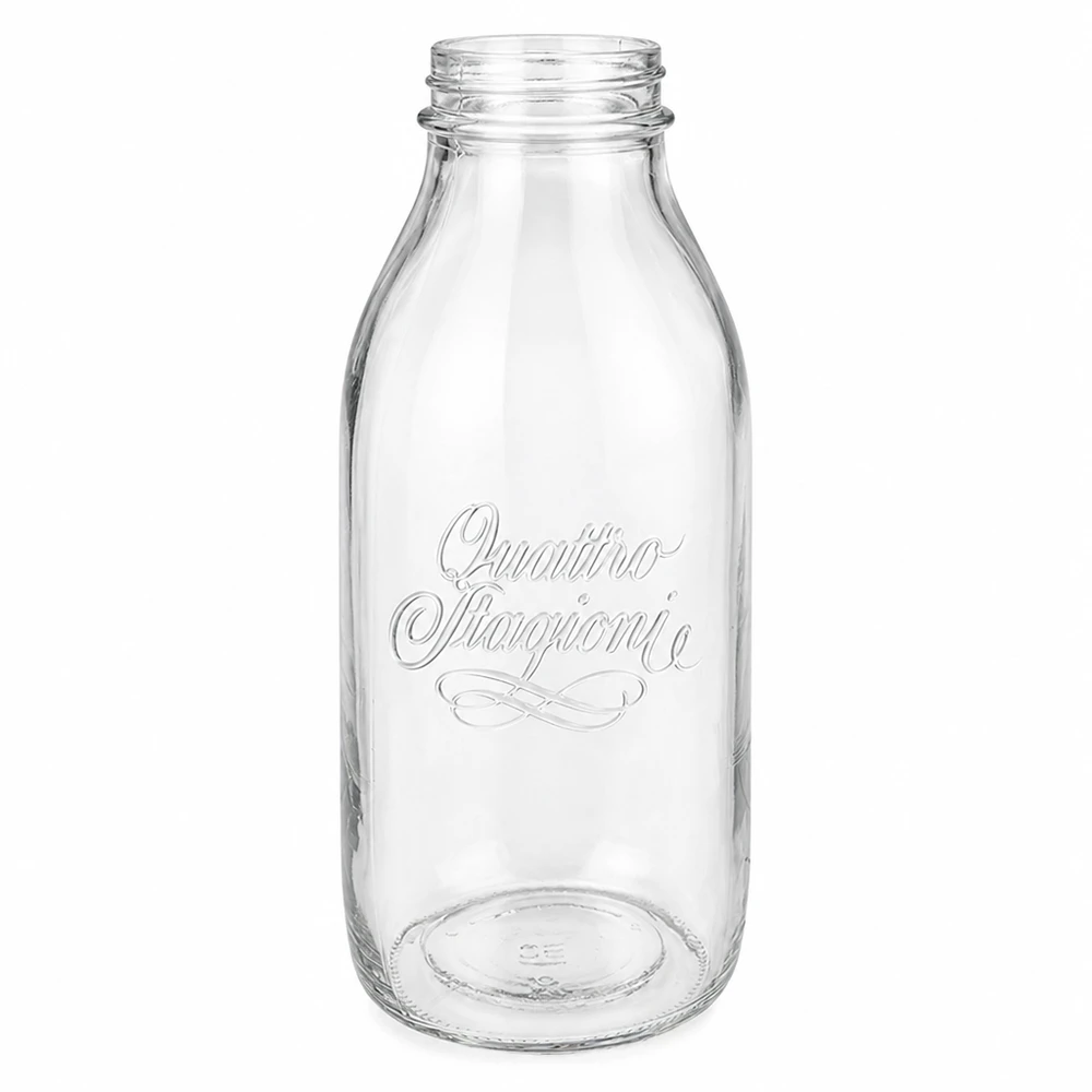 Bormioli Rocco Quattro Stagioni 1000ml leveäkaulainen lasipullo, jossa on kohokuvioitu logo läpinäkyvä tyhjä