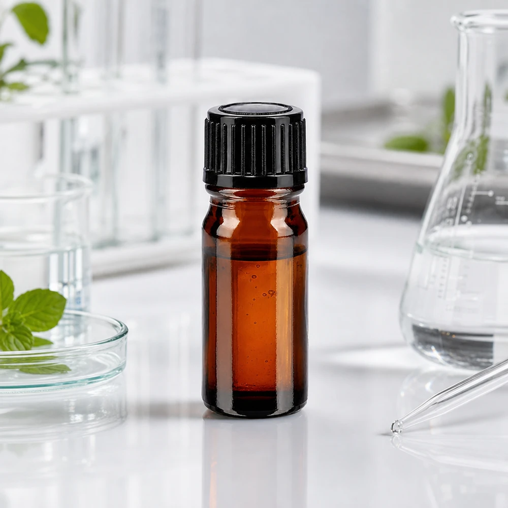 Apteekkipullo ruskea 5ml kierrekorkki musta standardi 5 ml:n ruskea apteekkipullo, jossa on musta 11 mm:n korkki, laboratoriokäytössä