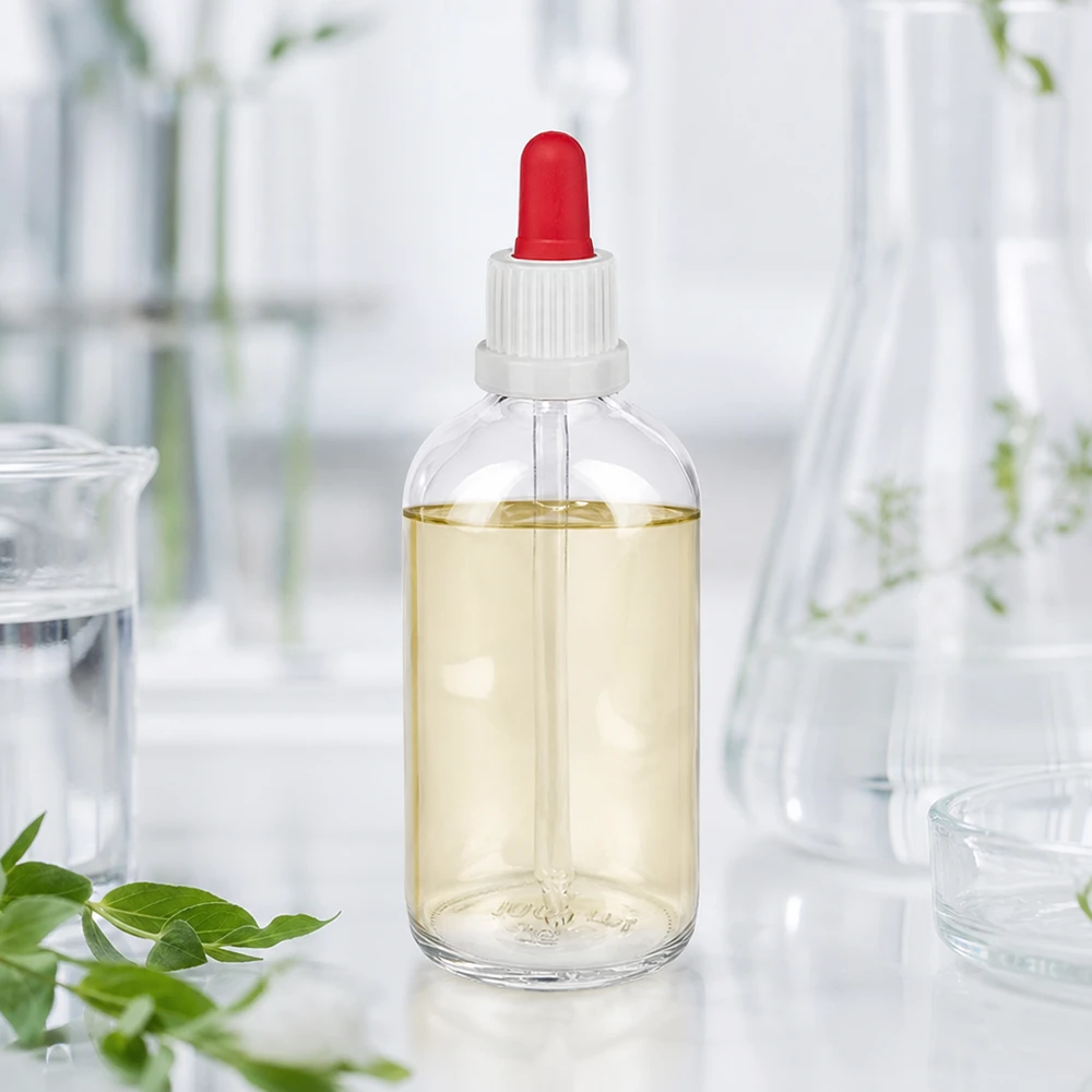 Läpinäkyvä 100 ml:n laboratoriopullo, jossa on punainen silikonikorkki ja valkoinen pipettikorkki, ClearLine